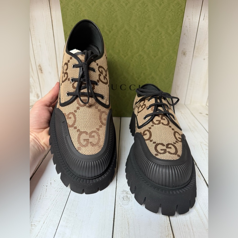 Gucci Monogram Jumbo Maxi GG Lace Up Derby Camel Ebony Black Sz 11G / 12US - Picture 7 of 12